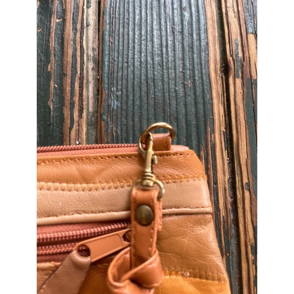 Vintage Leather Patchwork Crossbody Bag Tan Brown Multi Tone Boho Zip Shoulder